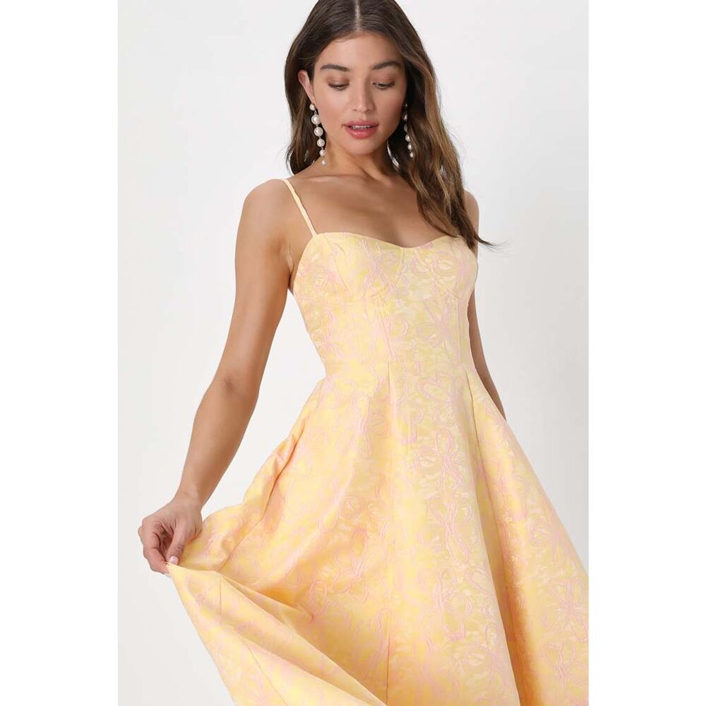 NWT Lulus Meet for Tea Yellow Jacquard Bustier Midi Dress With Pockets Wedding M - Picture 4 of 9